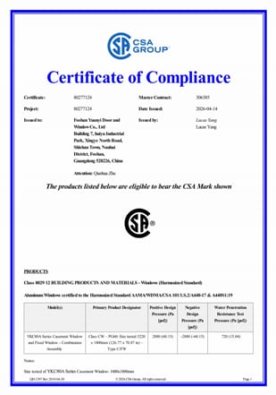 CSA certificate of compliance