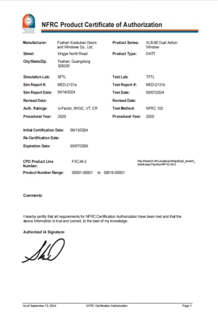 NFRC product certificate of authorization