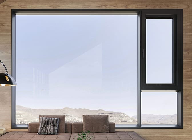 PRO110 thermal break casement window in a living room with mountain view