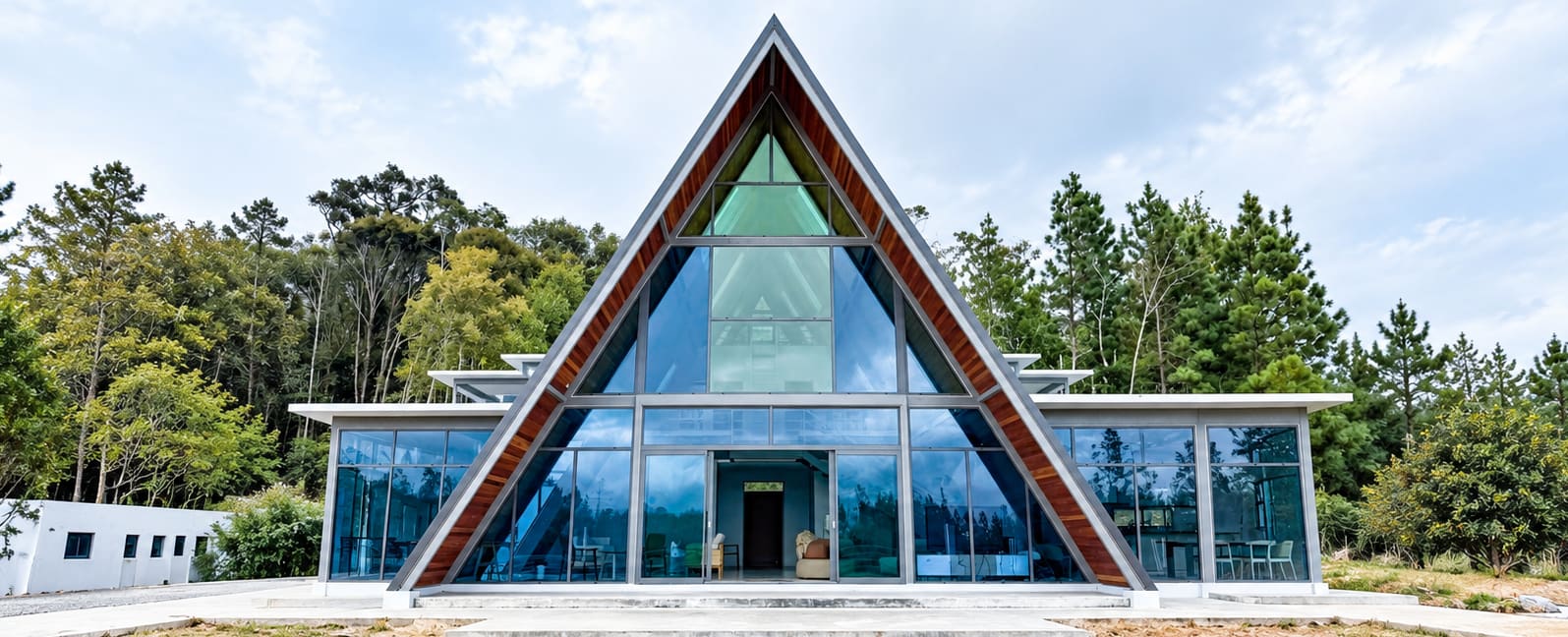 Completed A-frame resort with full-height gable glazing