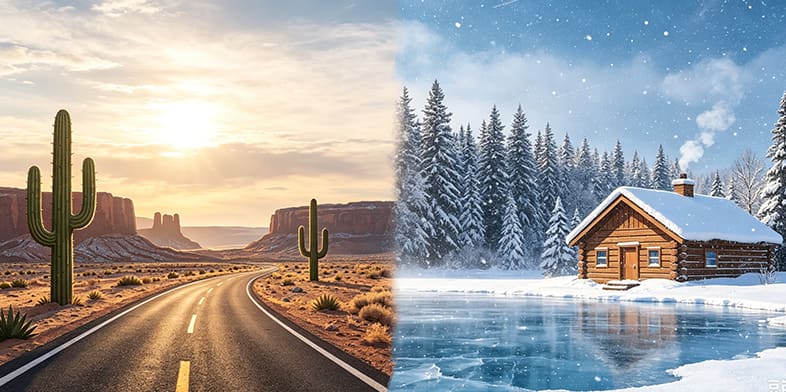 Desert sun and snow-covered cabin: wide temperature range