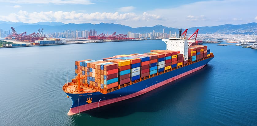 Loaded container ship leaving port