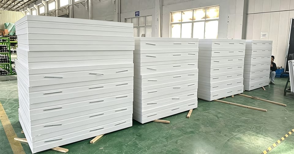 Finished units packed in crates before shipping