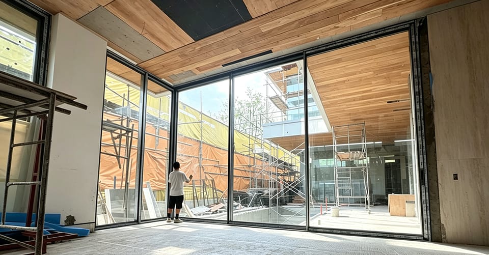 Sliding doors being installed in a timber-ceiling house